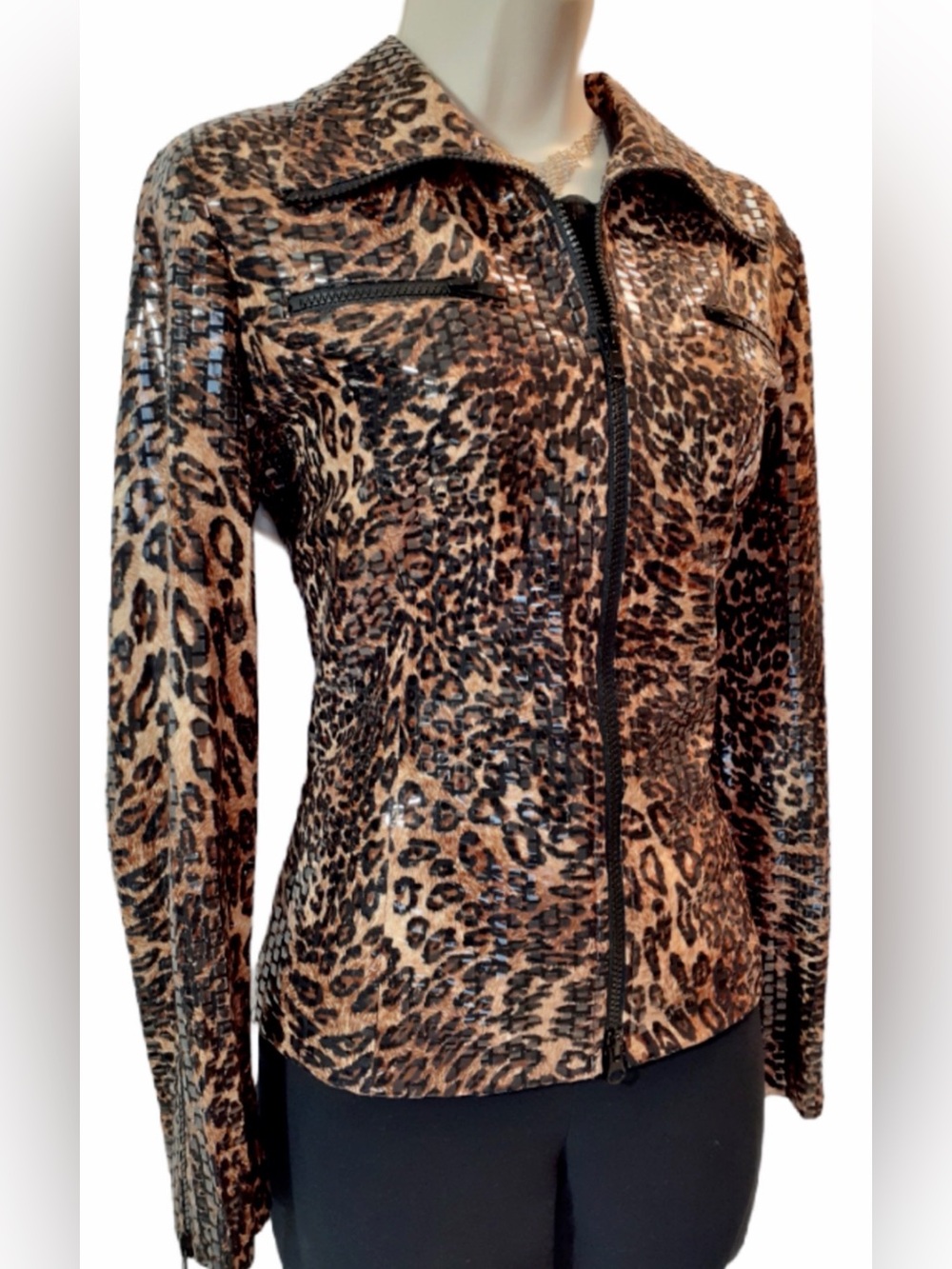 NABI Leopard Ladies Shimmer Stretch Blazer front sleeve pocket zippers XL
